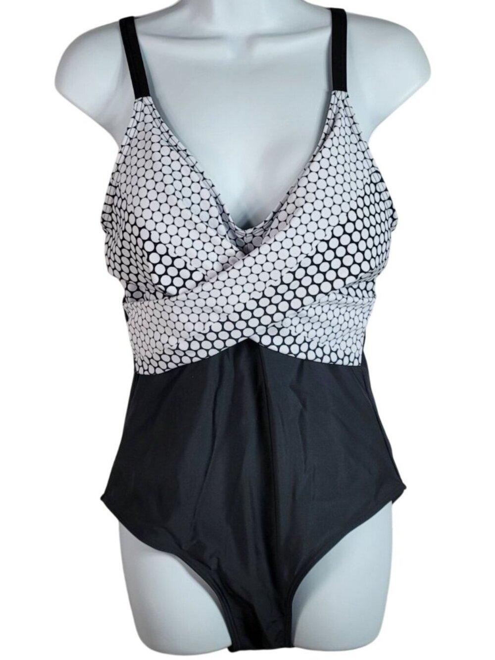 B2Prity 1 PC Swimsuit Black White High Leg Adj Dot Twist Front Tummy Control